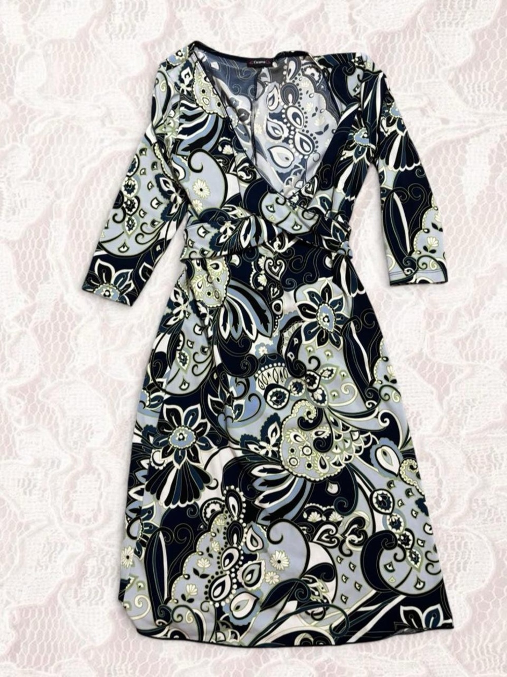 Cocomo Paisley-Print Wrap Chemise — Black, Light Blue & Cream
